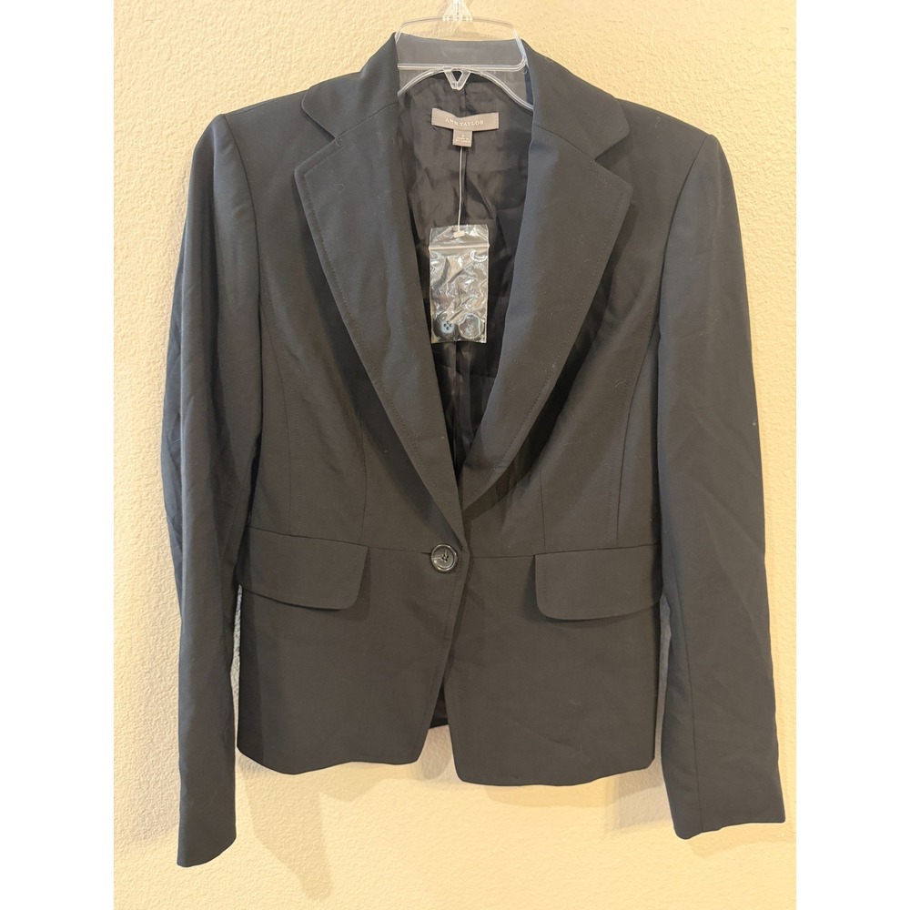 Ann Taylor Womens Black Wool Blend Single Button Tailored Blazer Jacket Size 2
